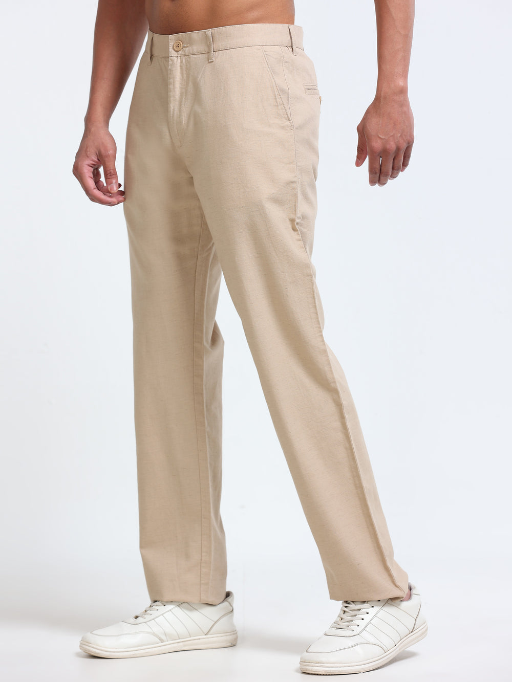 Cool Colors Men's Khaki Comfort Fit Solid Linen Trousers