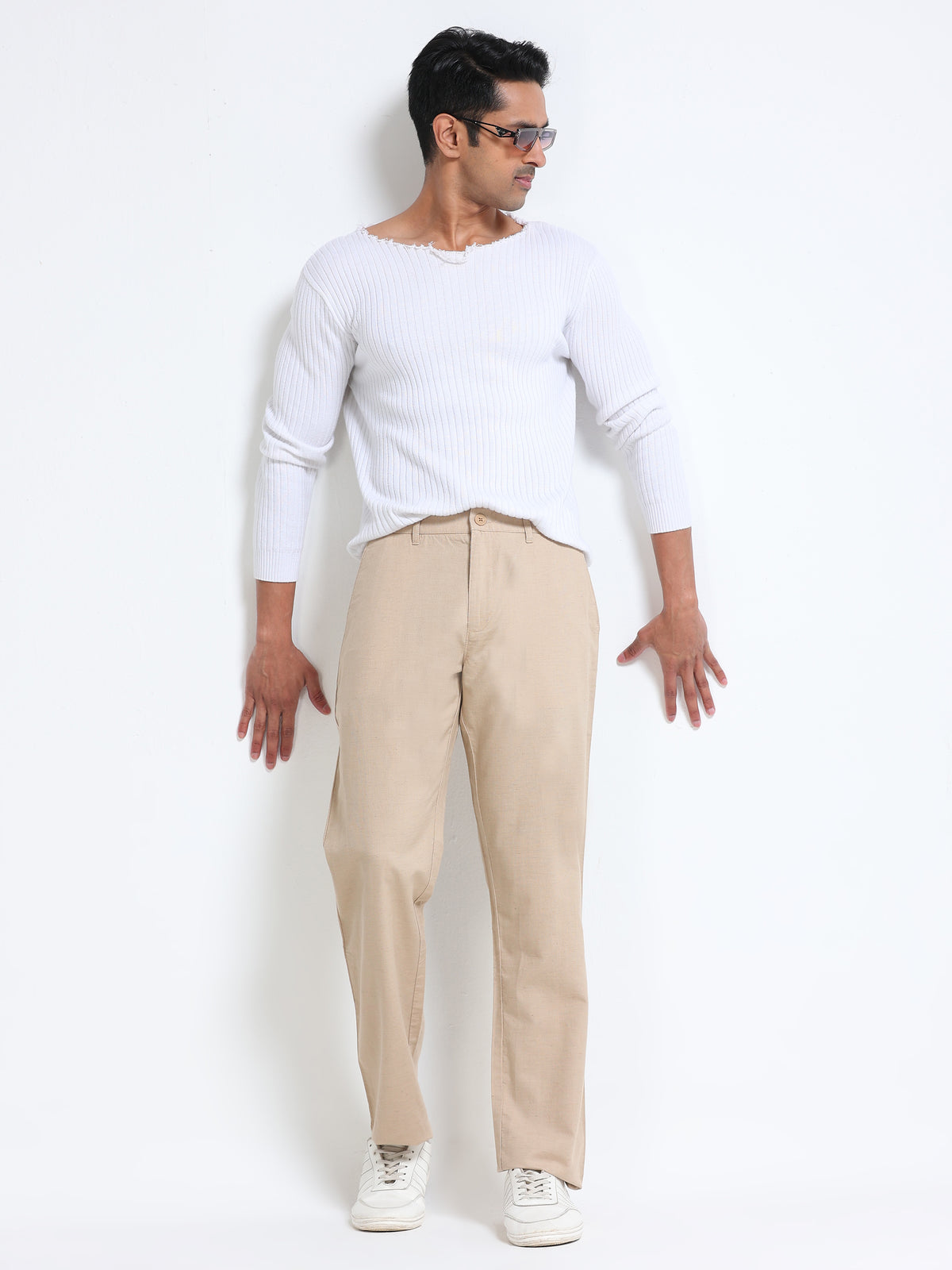 Cool Colors Men's Khaki Comfort Fit Solid Linen Trousers