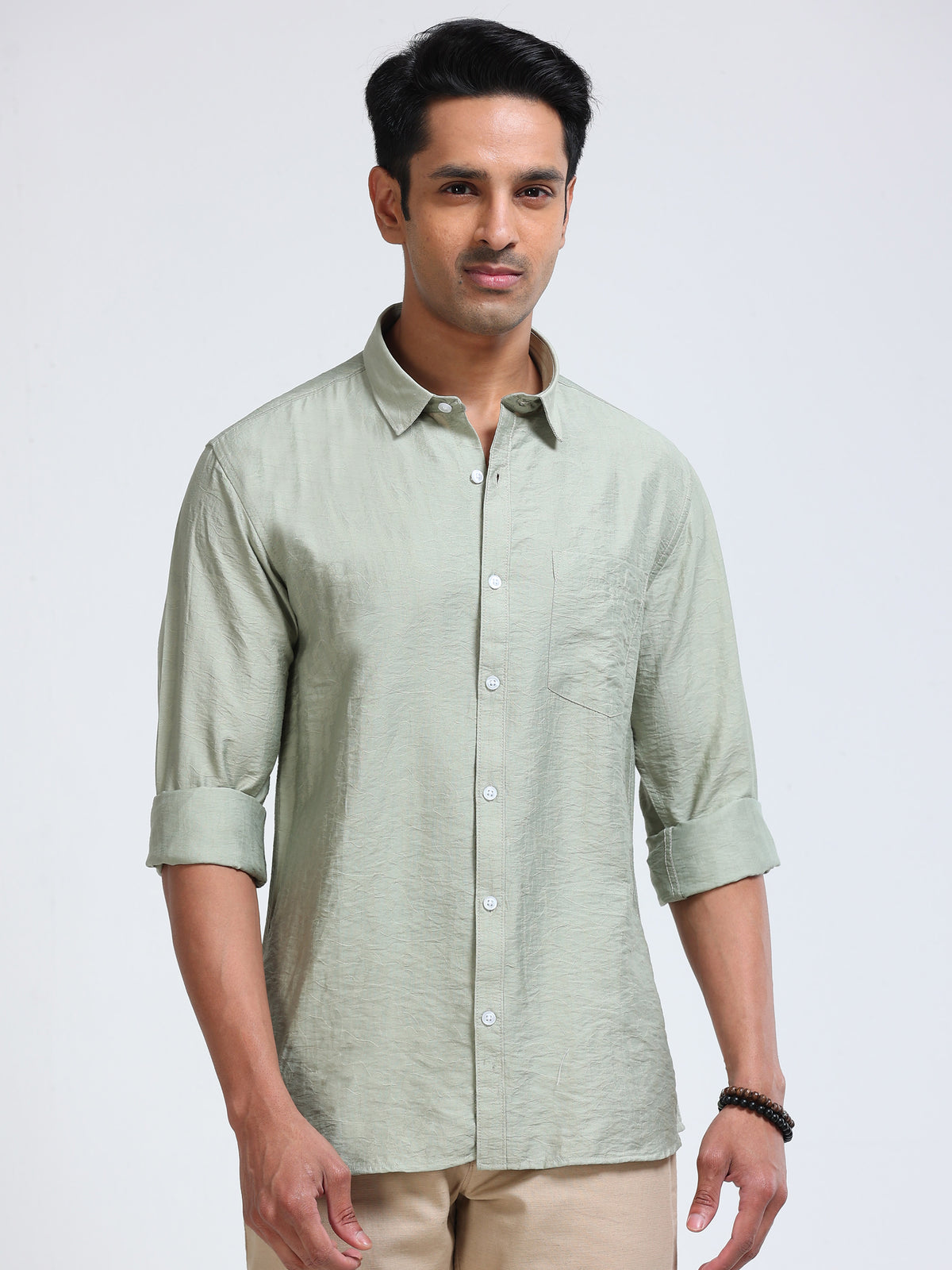 Cool Colors Men's Green Textured Slim Fit Casual Shirt
