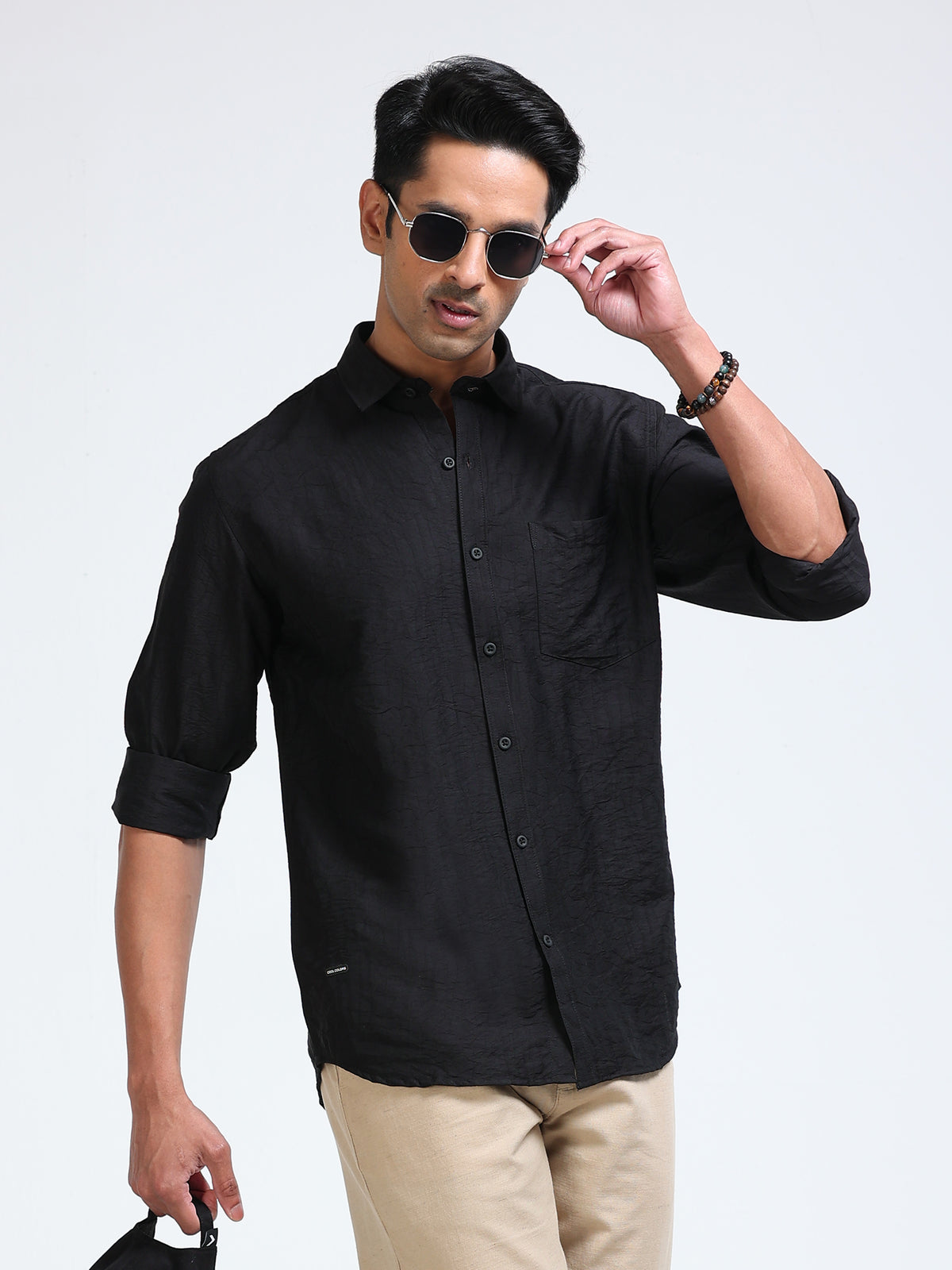 Cool Colors Men's Black Textured Casual Shirt