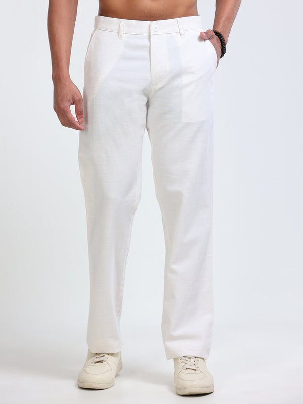 Cool Colors Men's Cream Comfort Fit Solid Linen Trousers