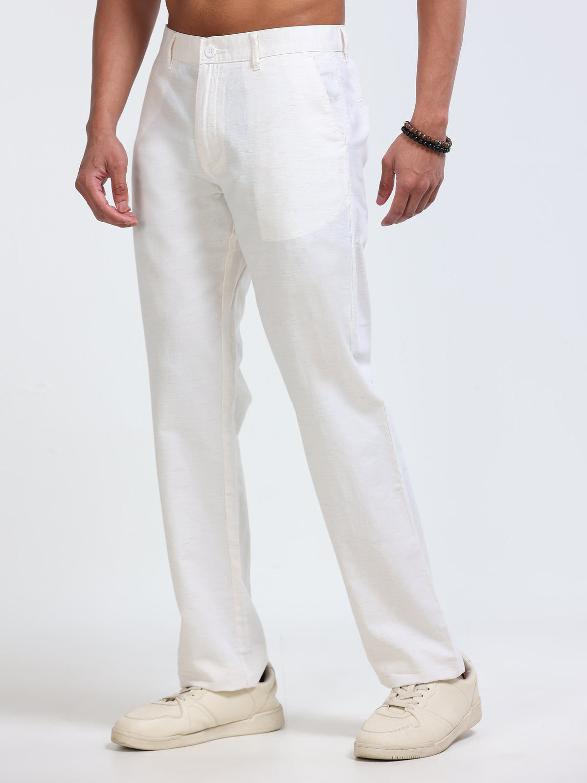 Cool Colors Men's Cream Comfort Fit Solid Linen Trousers