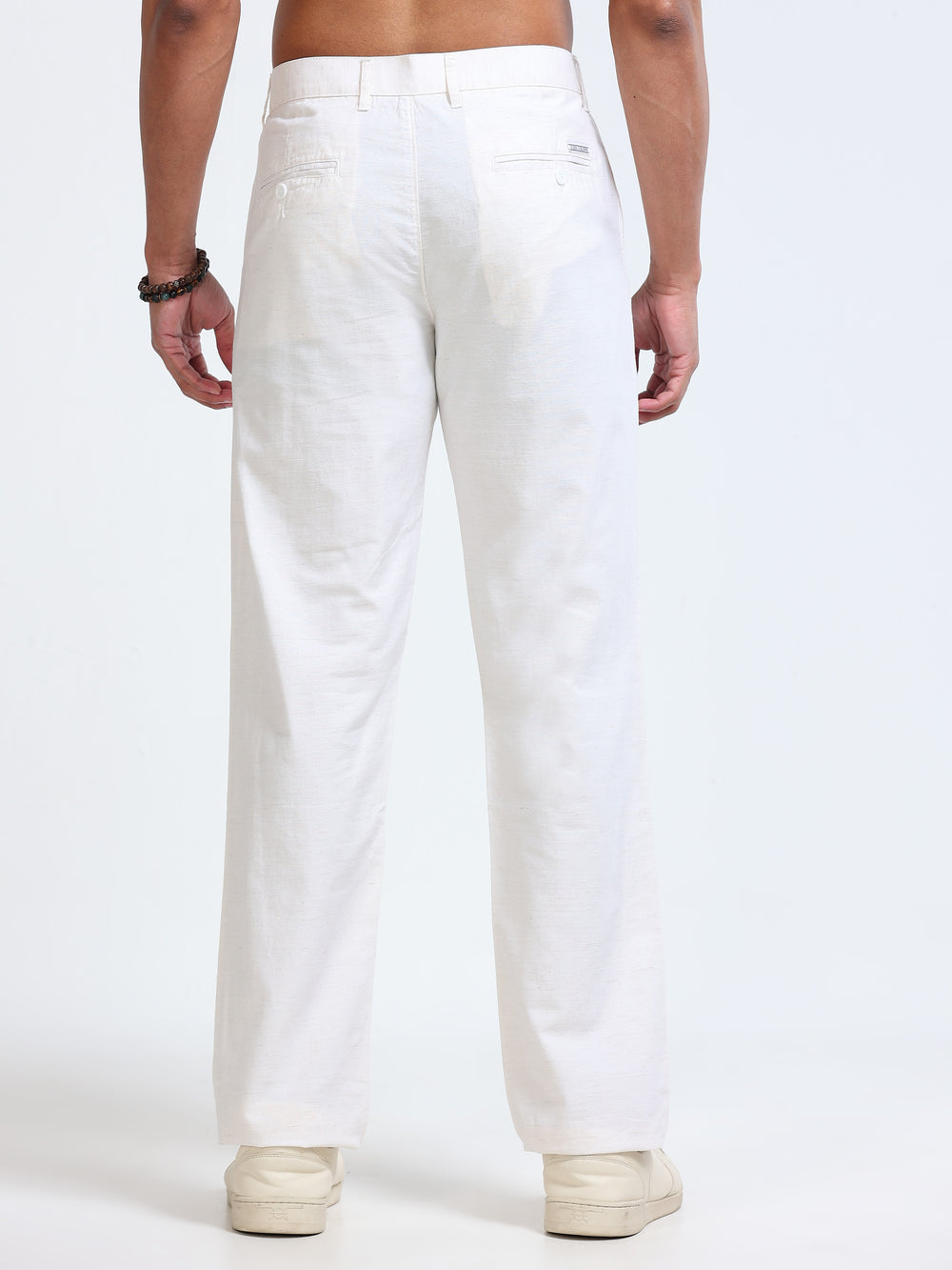 Cool Colors Men's Cream Comfort Fit Solid Linen Trousers