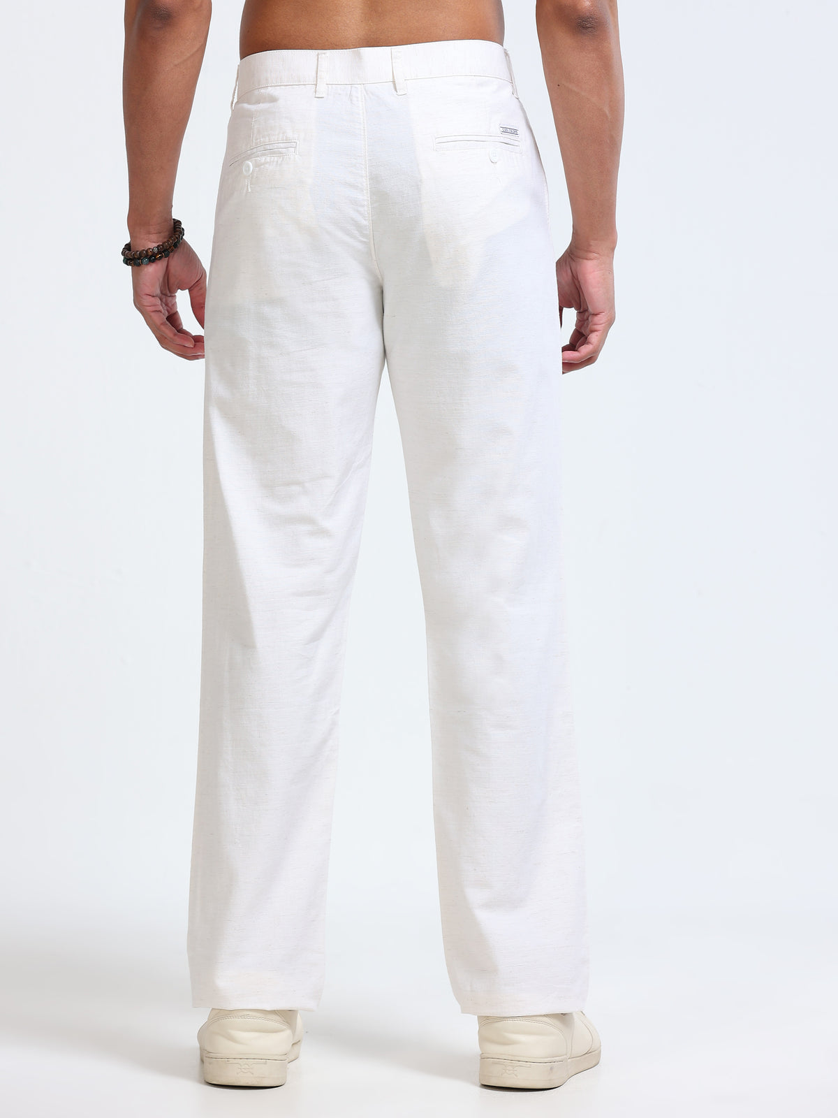 Cool Colors Men's Cream Comfort Fit Solid Linen Trousers