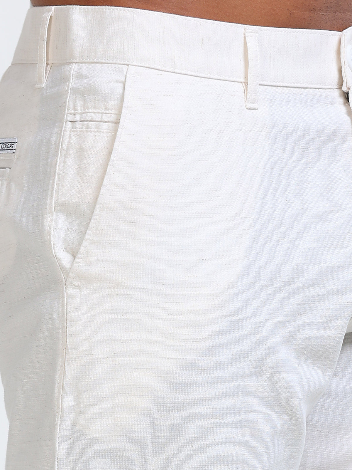 Cool Colors Men's Cream Comfort Fit Solid Linen Trousers
