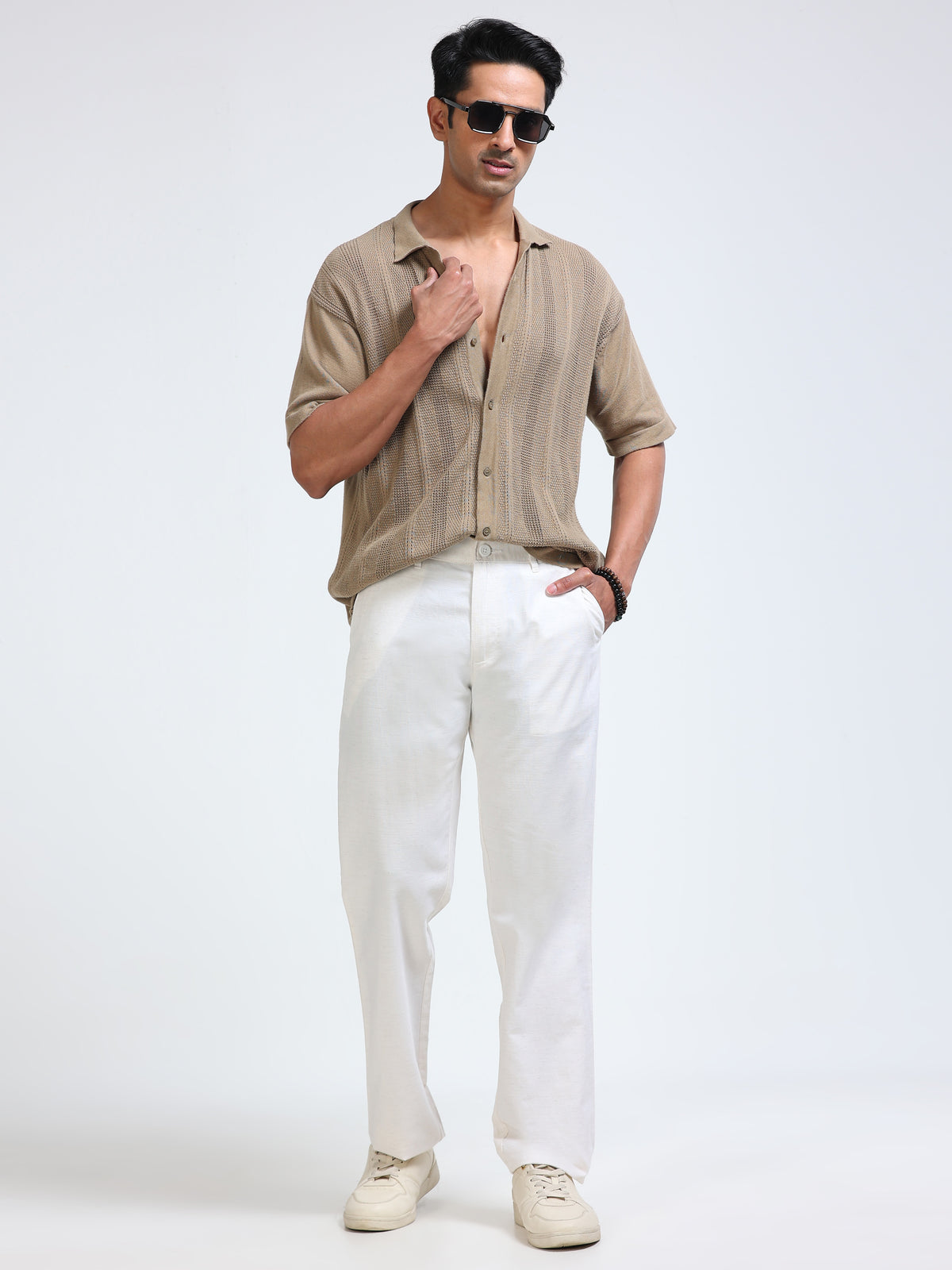 Cool Colors Men's Cream Comfort Fit Solid Linen Trousers