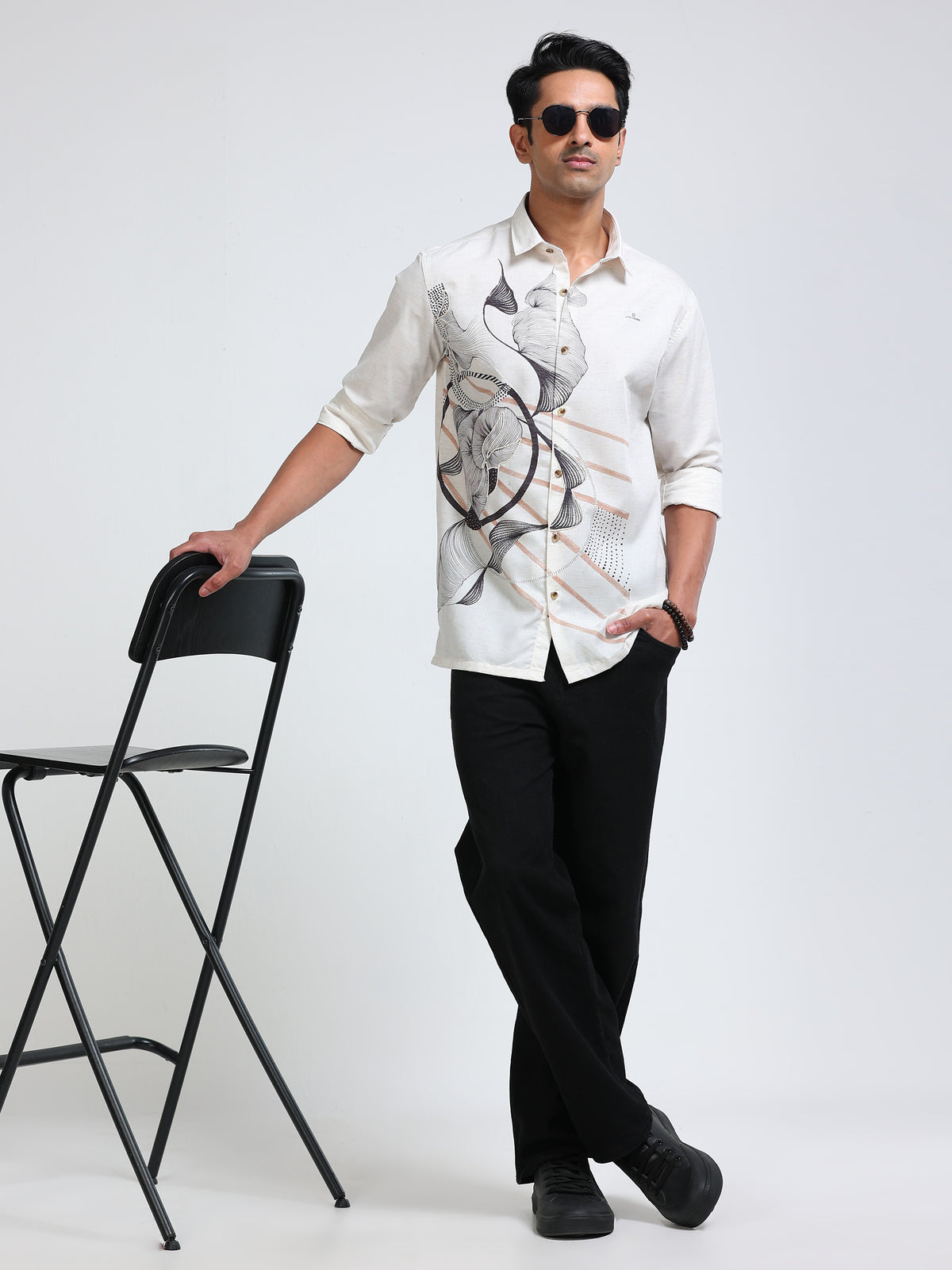 Cool Colors Men's Light Beige Floral Abstract Printed Casual Shirt