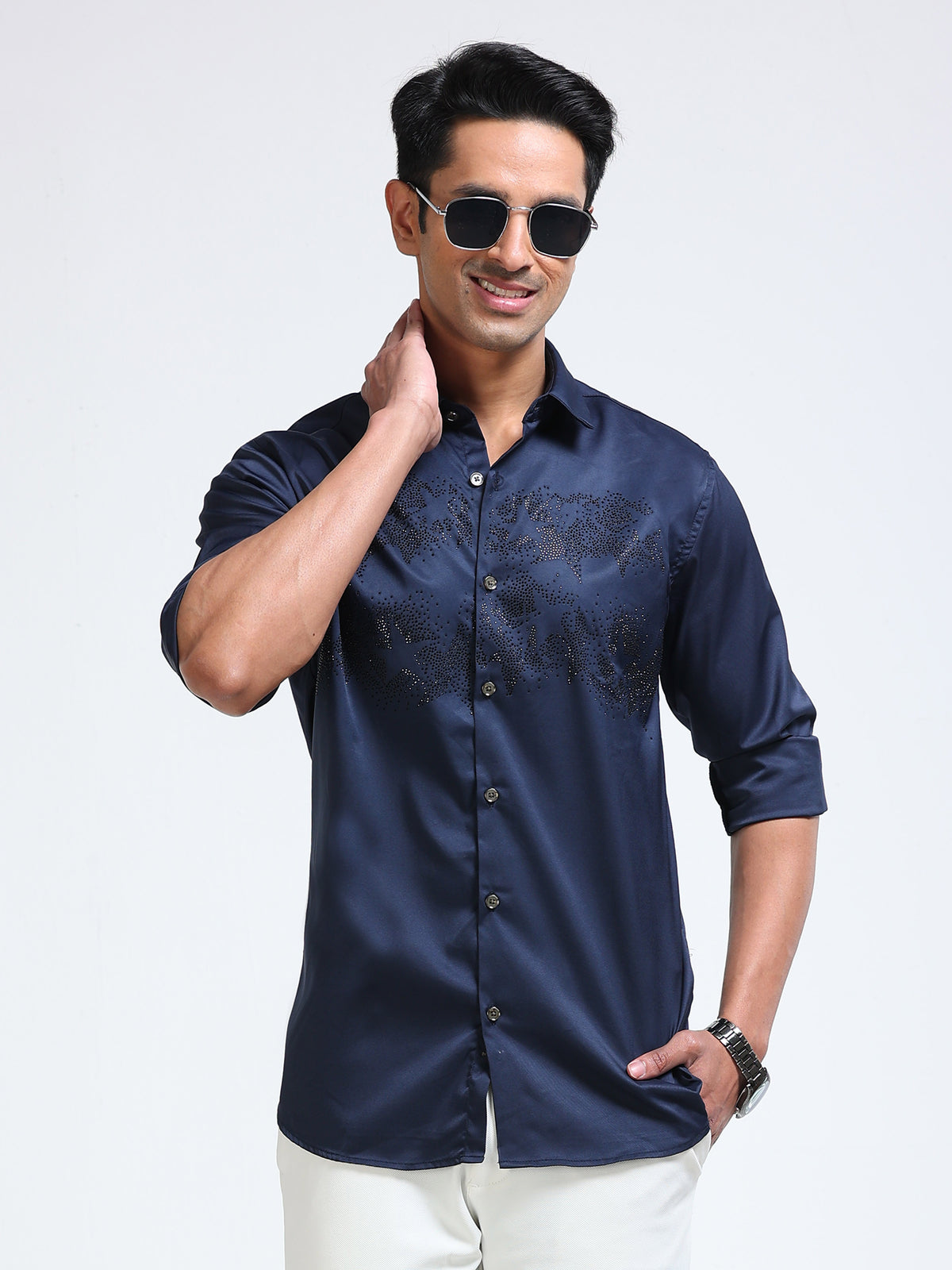Cool Colors Men's Navy Blue Stone Embellished Designer Shirt