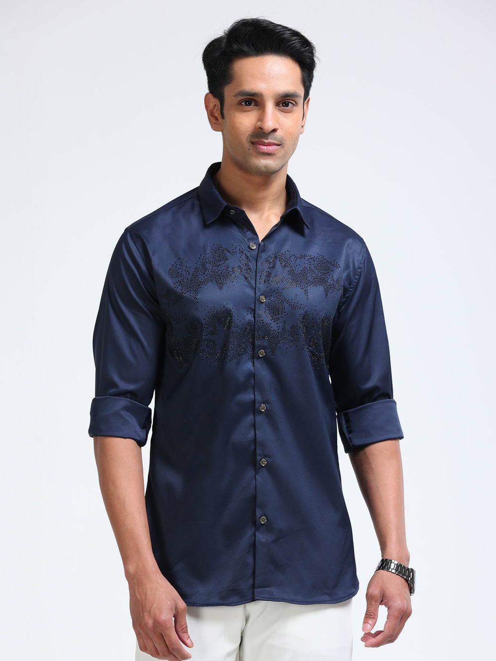 Cool Colors Men's Navy Blue Stone Embellished Designer Shirt