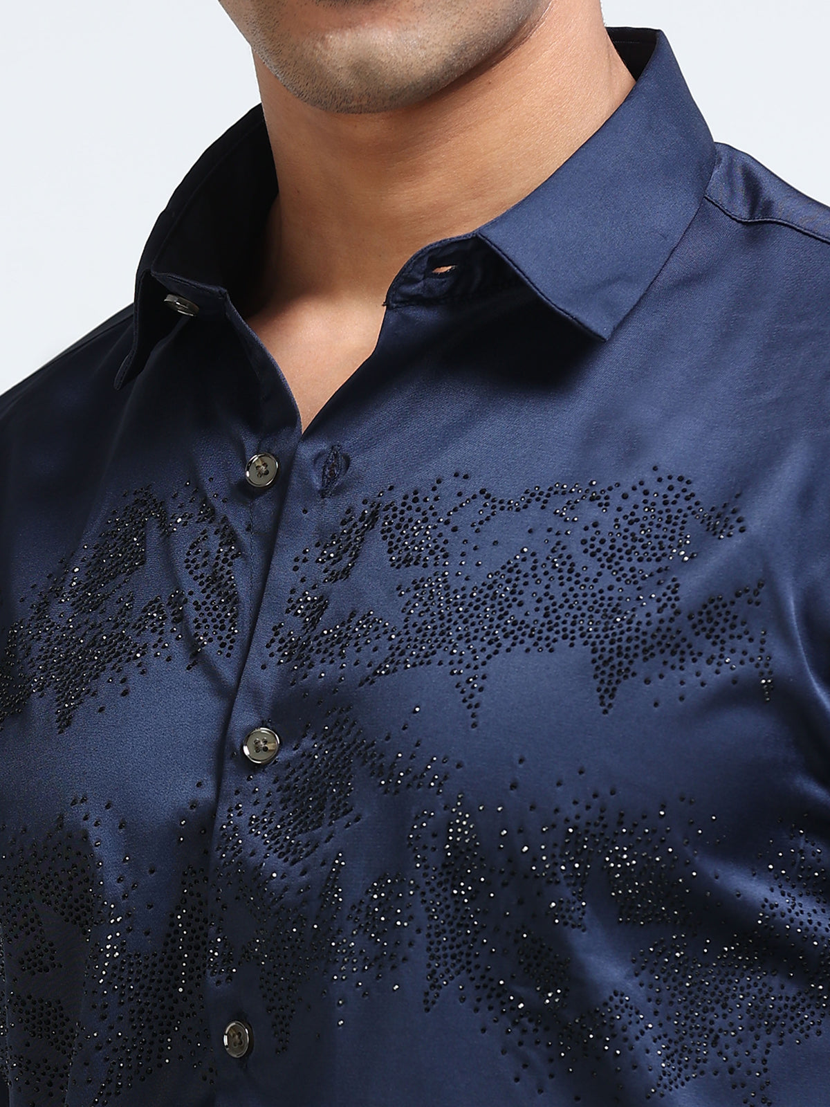 Cool Colors Men's Navy Blue Stone Embellished Designer Shirt