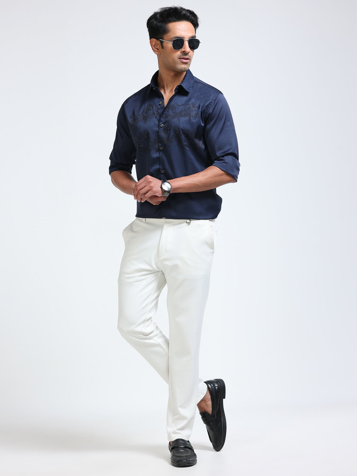 Cool Colors Men's Navy Blue Stone Embellished Designer Shirt