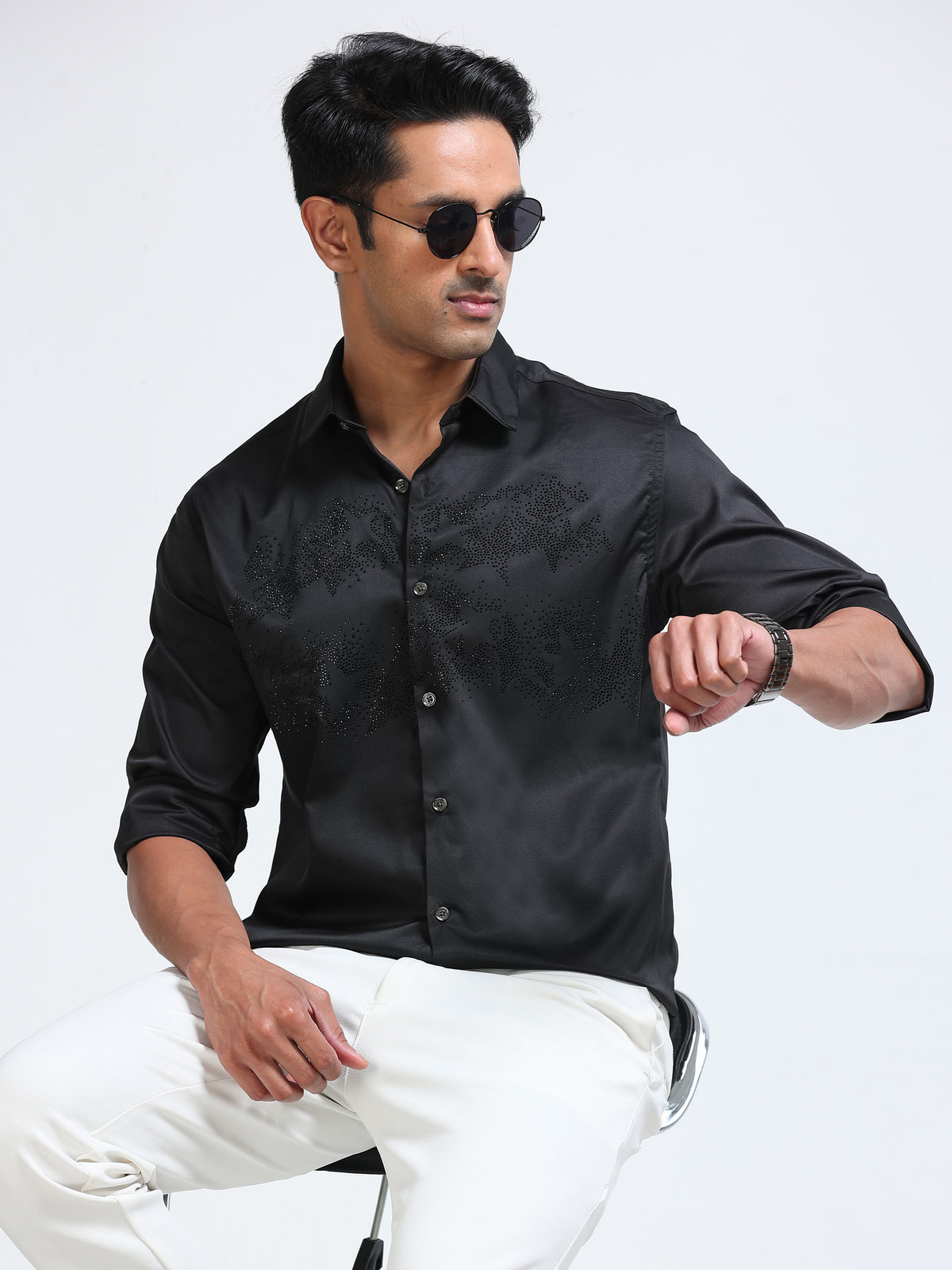 Cool Colors Men's Black Stone Embellished Designer Shirt