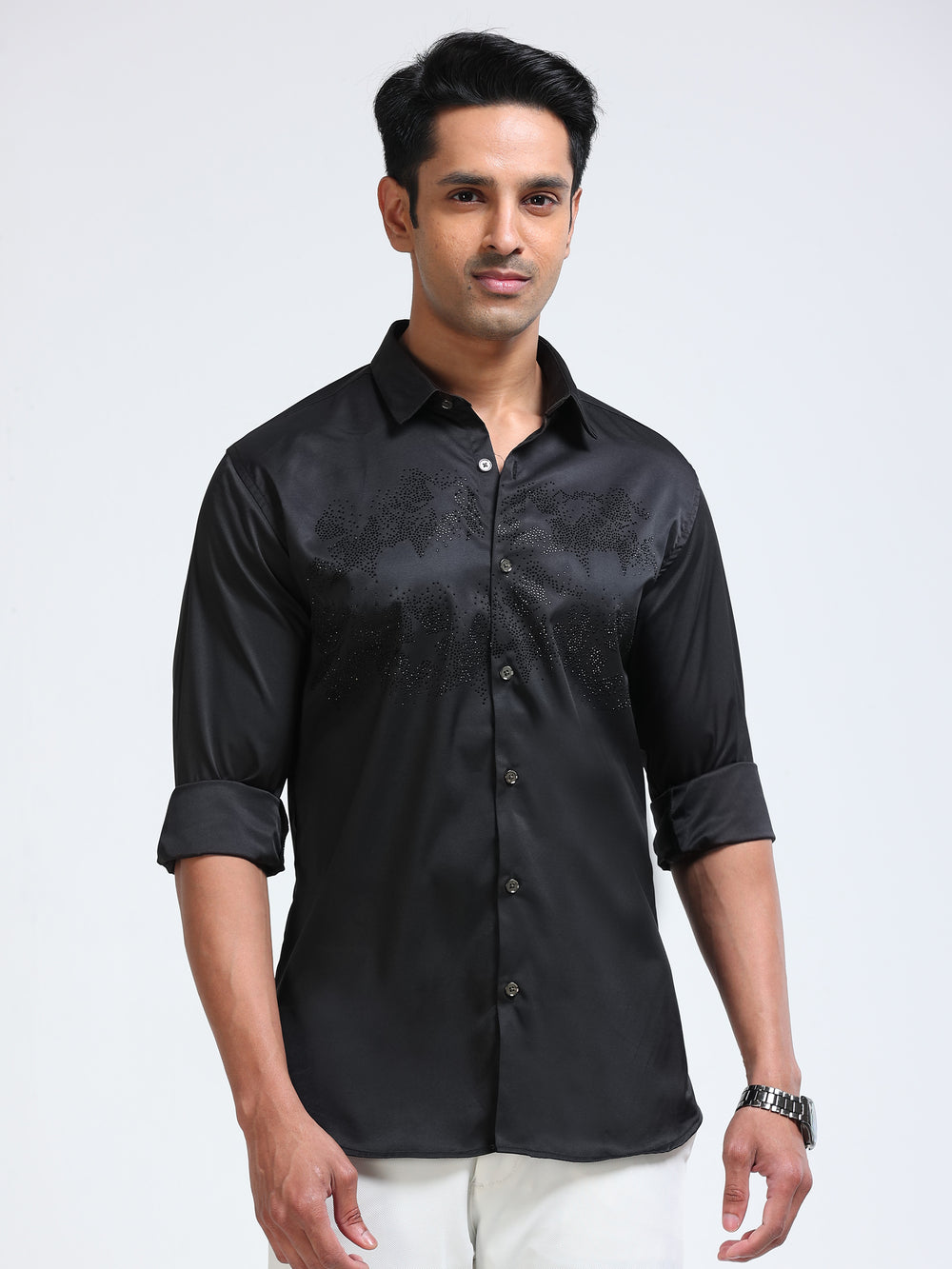 Cool Colors Men's Black Stone Embellished Designer Shirt
