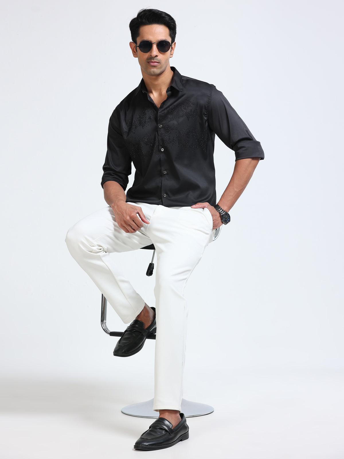 Cool Colors Men's Black Stone Embellished Designer Shirt