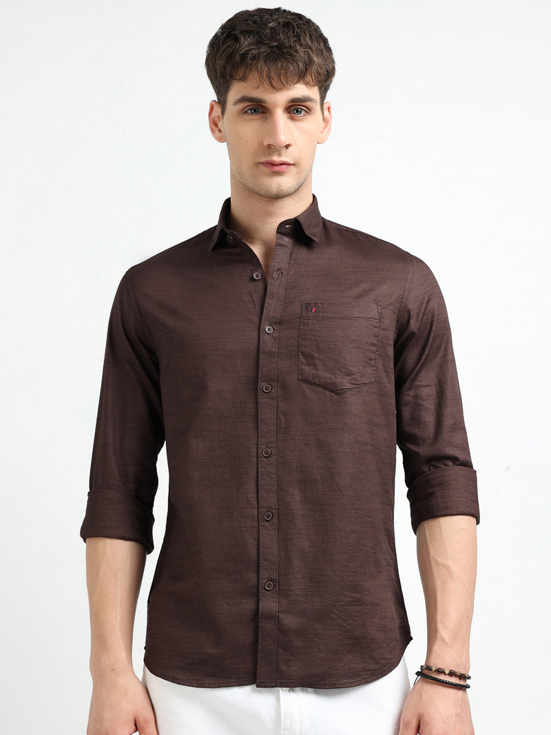 Dk Brown Solid Slim Fit Casual Shirts
