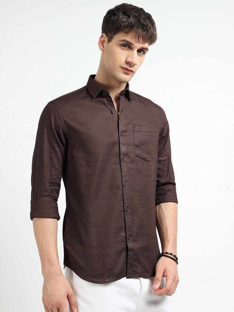 Dk Brown Solid Slim Fit Casual Shirts