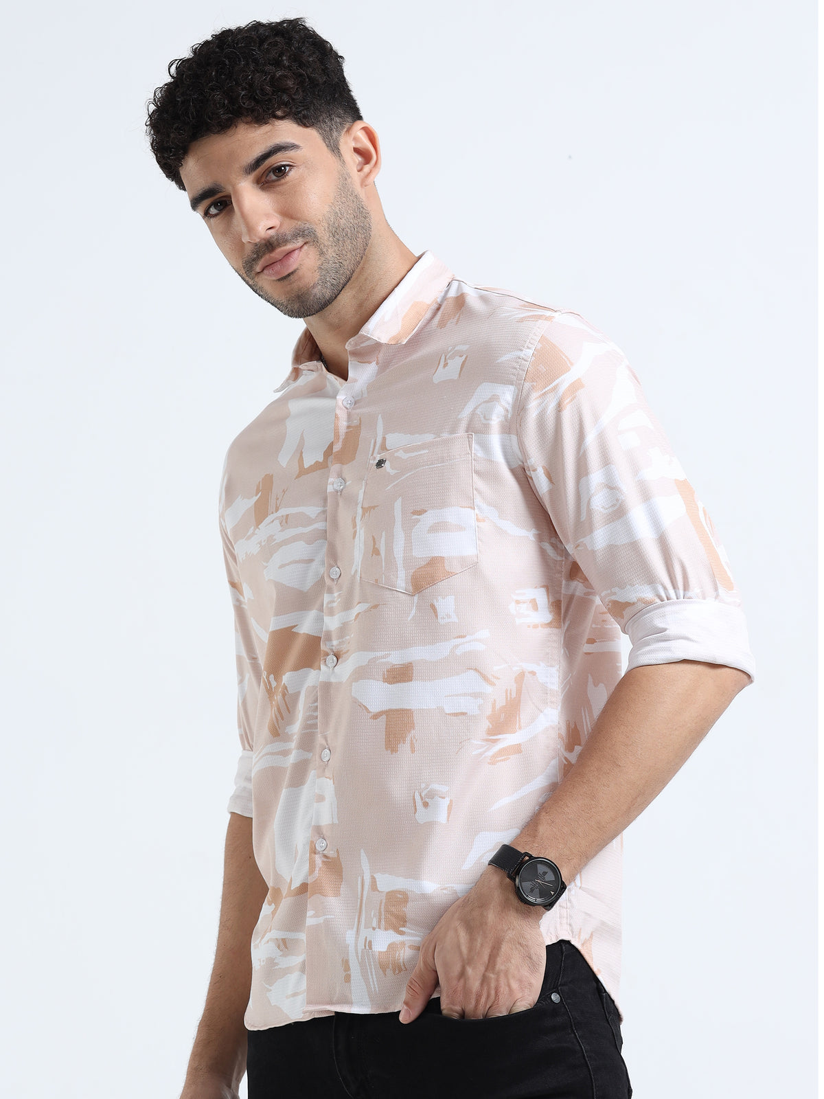 Shop Men's Orange Printed Full Sleeve Casual Slim Fit Shirt Online.