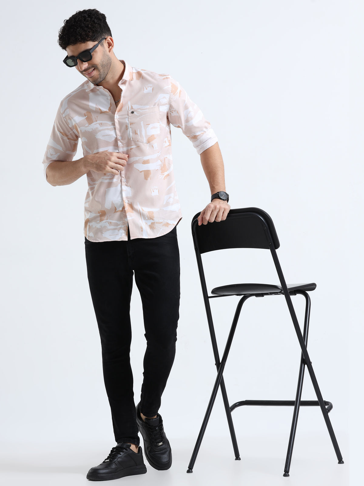 Men's Orange Slim Fit Printed Popcorn Full Sleeve Casual Shirt