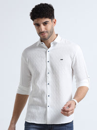Men's White Slim Fit Solid Popcorn Full Sleeve Casual Shirt