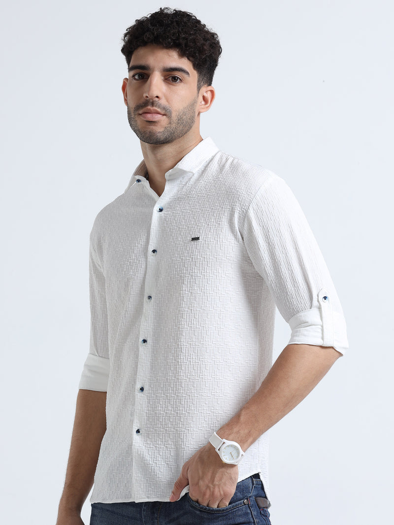 Shop Men's White Popcorn Fabric Full Sleeve Casual Slim Fit Shirt Online.