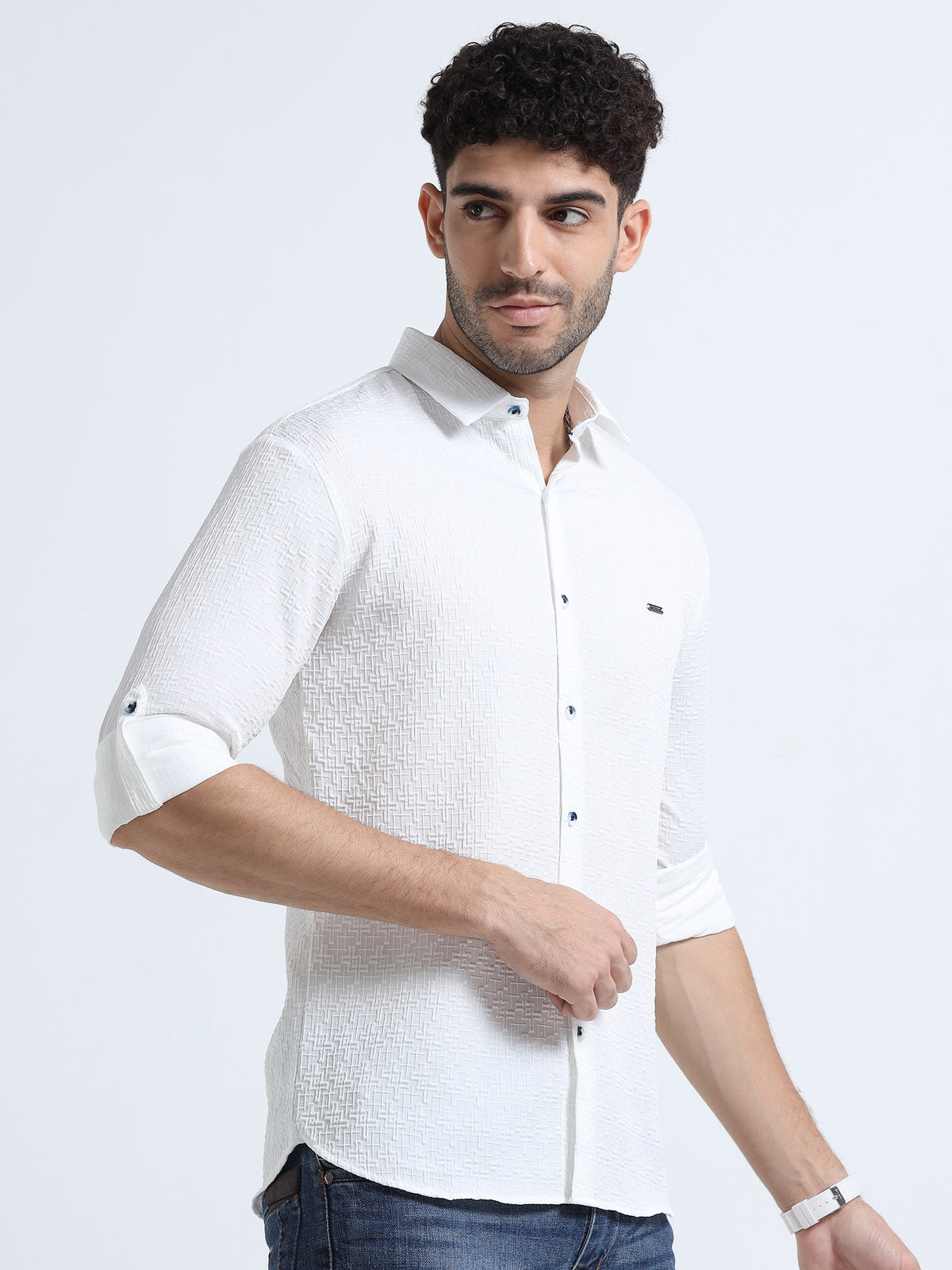 Shop Men's White Popcorn Fabric Full Sleeve Casual Slim Fit Shirt Online.