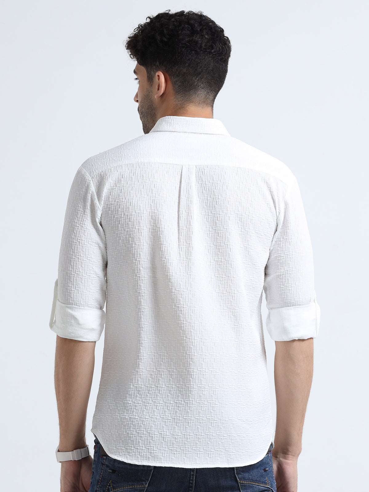 Shop Men's White Popcorn Fabric Full Sleeve Casual Slim Fit Shirt Online.