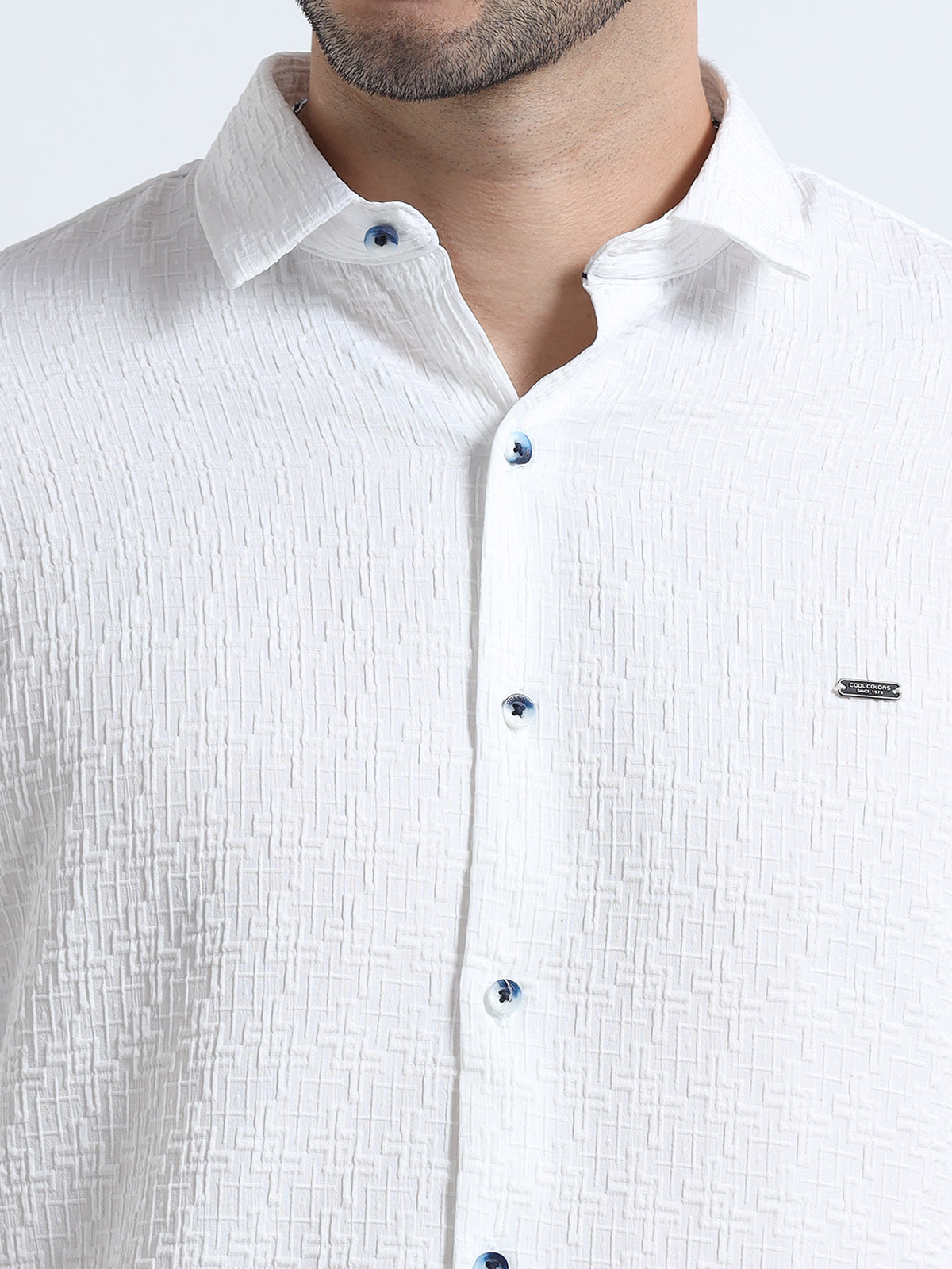 Shop Men's White Popcorn Fabric Full Sleeve Casual Slim Fit Shirt Online.