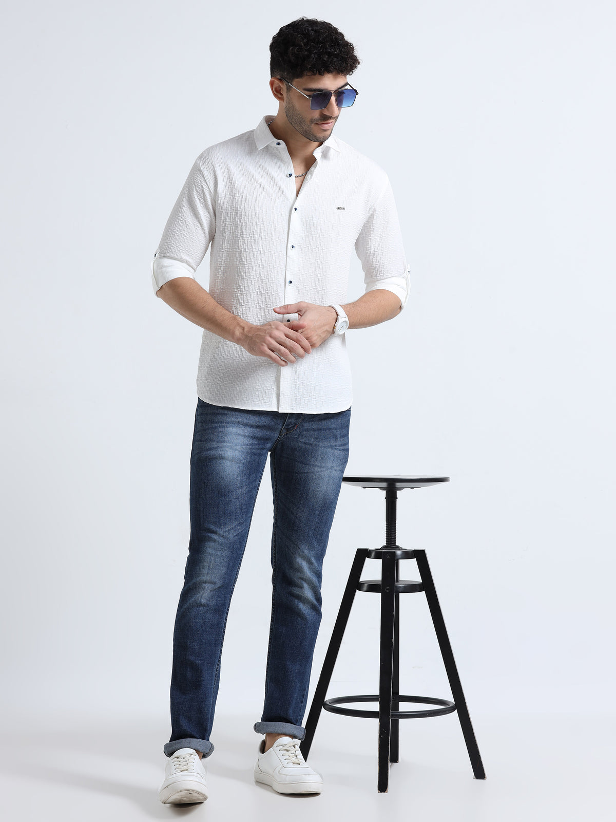 Men's White Slim Fit Solid Popcorn Full Sleeve Casual Shirt