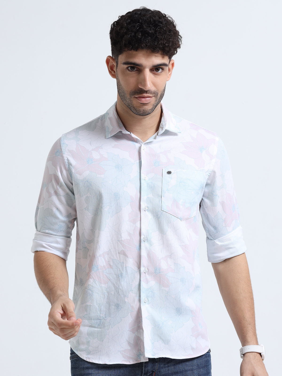 Men's Sky Blue Slim Fit Printed Popcorn Full Sleeve Casual Shirt