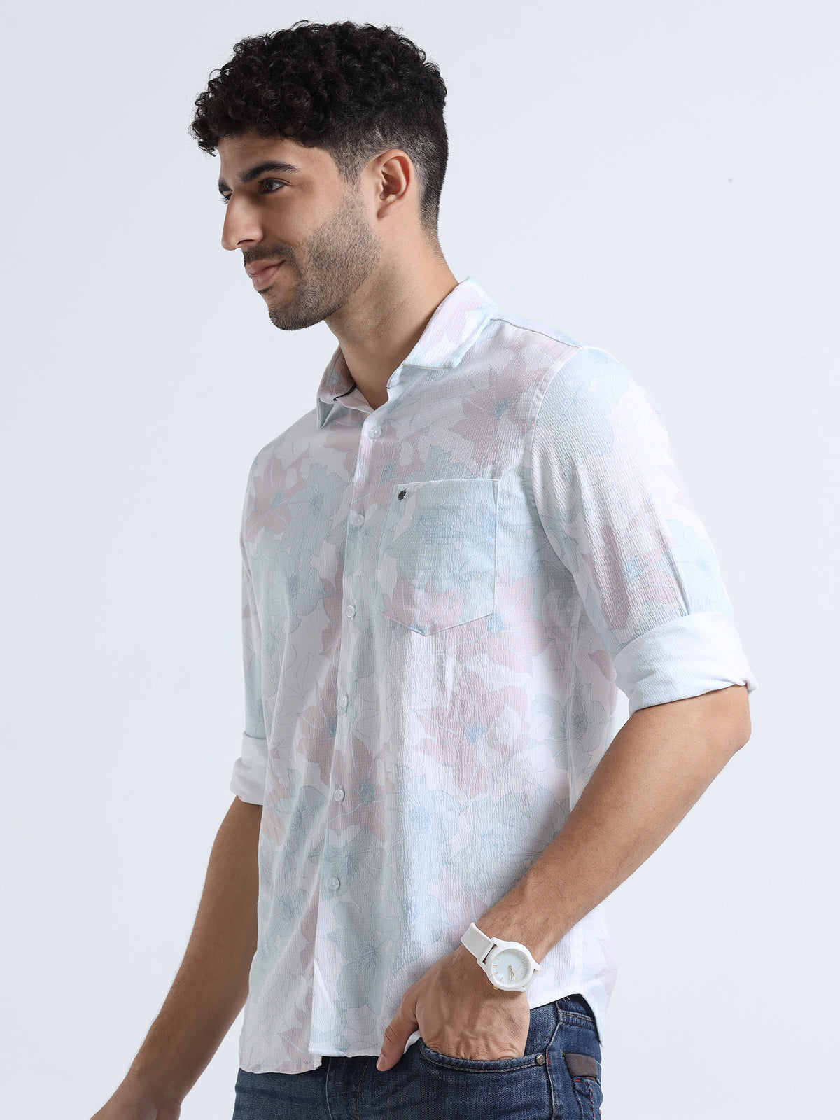 Men's Sky Blue Slim Fit Printed Popcorn Full Sleeve Casual Shirt