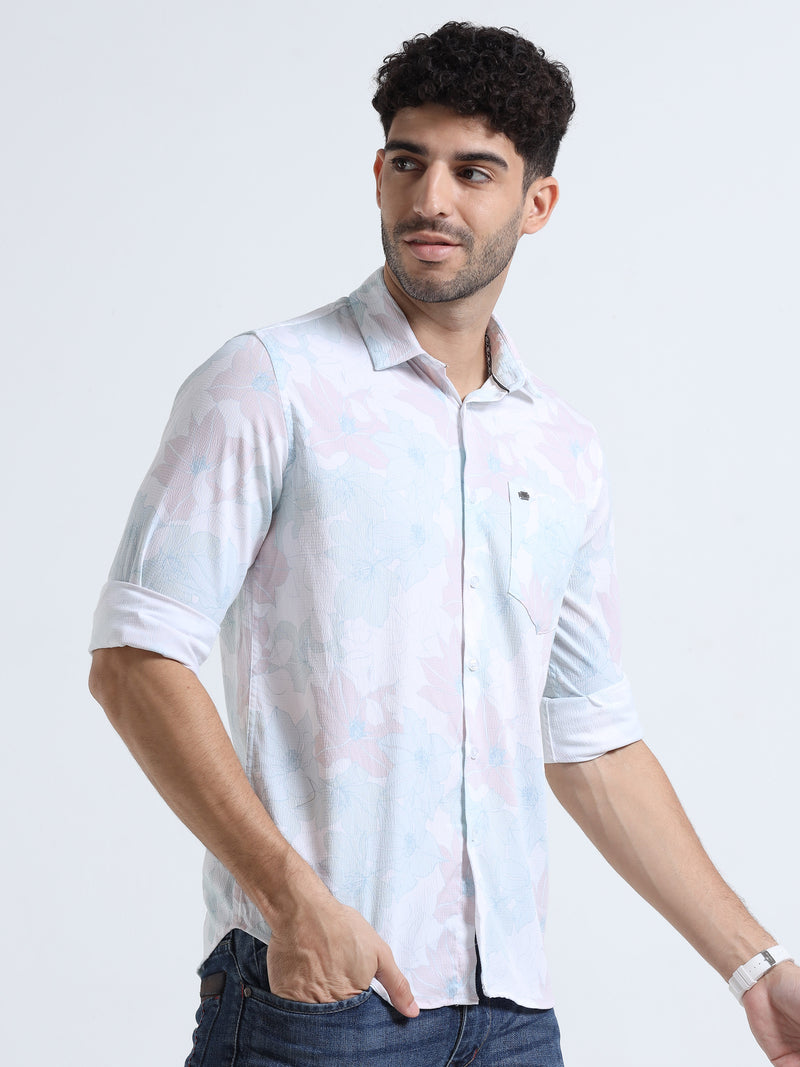 Shop Men's White Popcorn Fabric Casual Slim Fit Shirt Online.