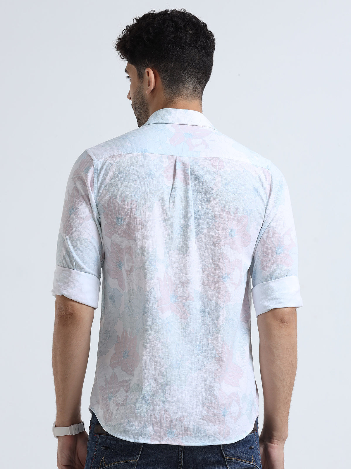 Men's Sky Blue Slim Fit Printed Popcorn Full Sleeve Casual Shirt