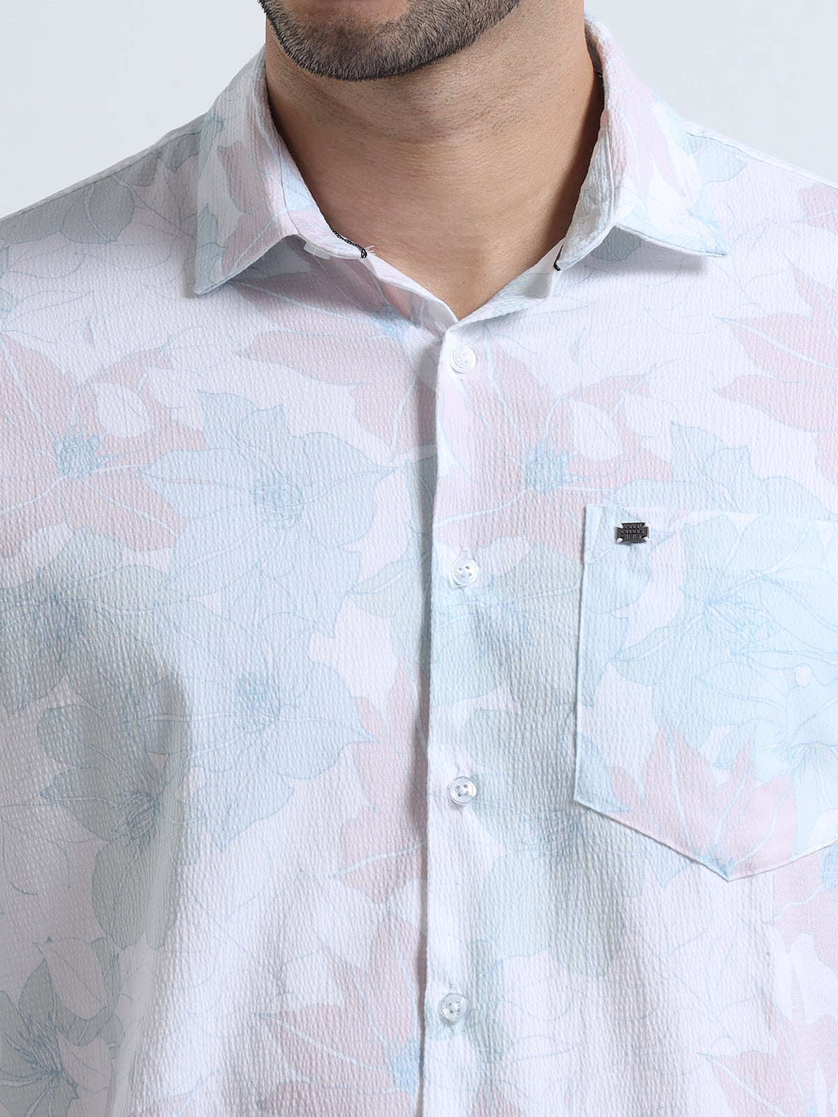 Men's Sky Blue Slim Fit Printed Popcorn Full Sleeve Casual Shirt