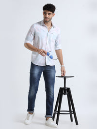Men's Sky Blue Slim Fit Printed Popcorn Full Sleeve Casual Shirt