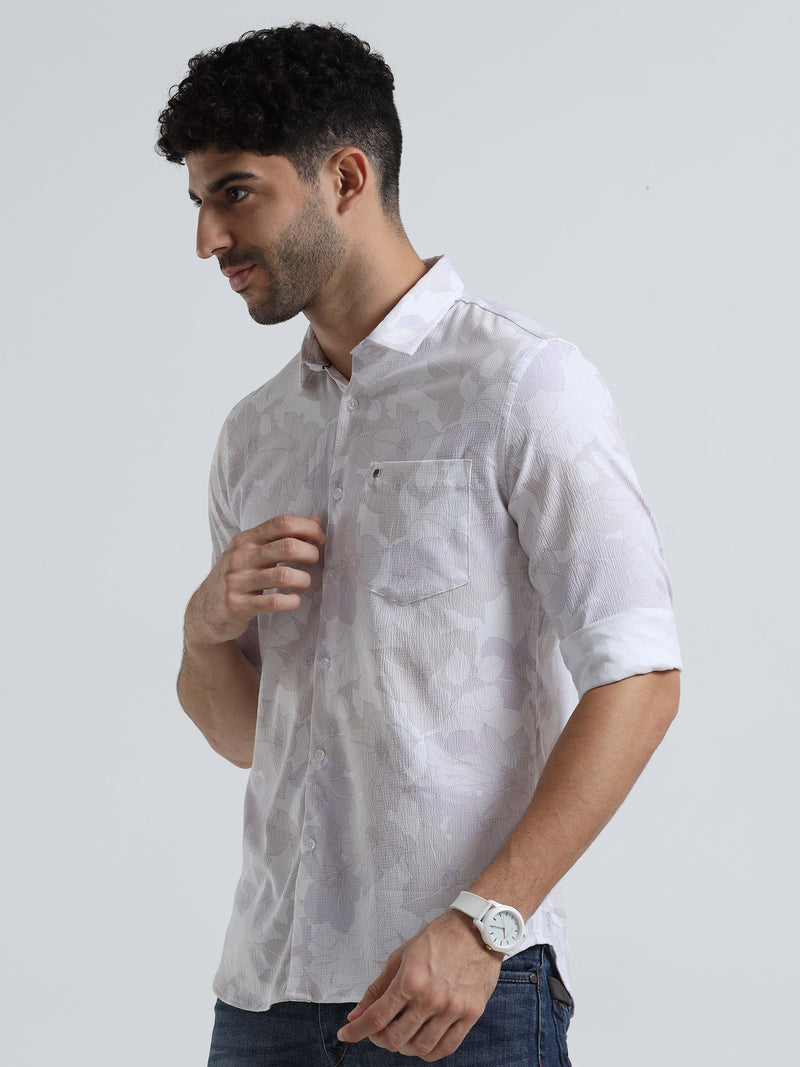 Shop Men's White Popcorn Fabric Casual Slim Fit Shirt Online.