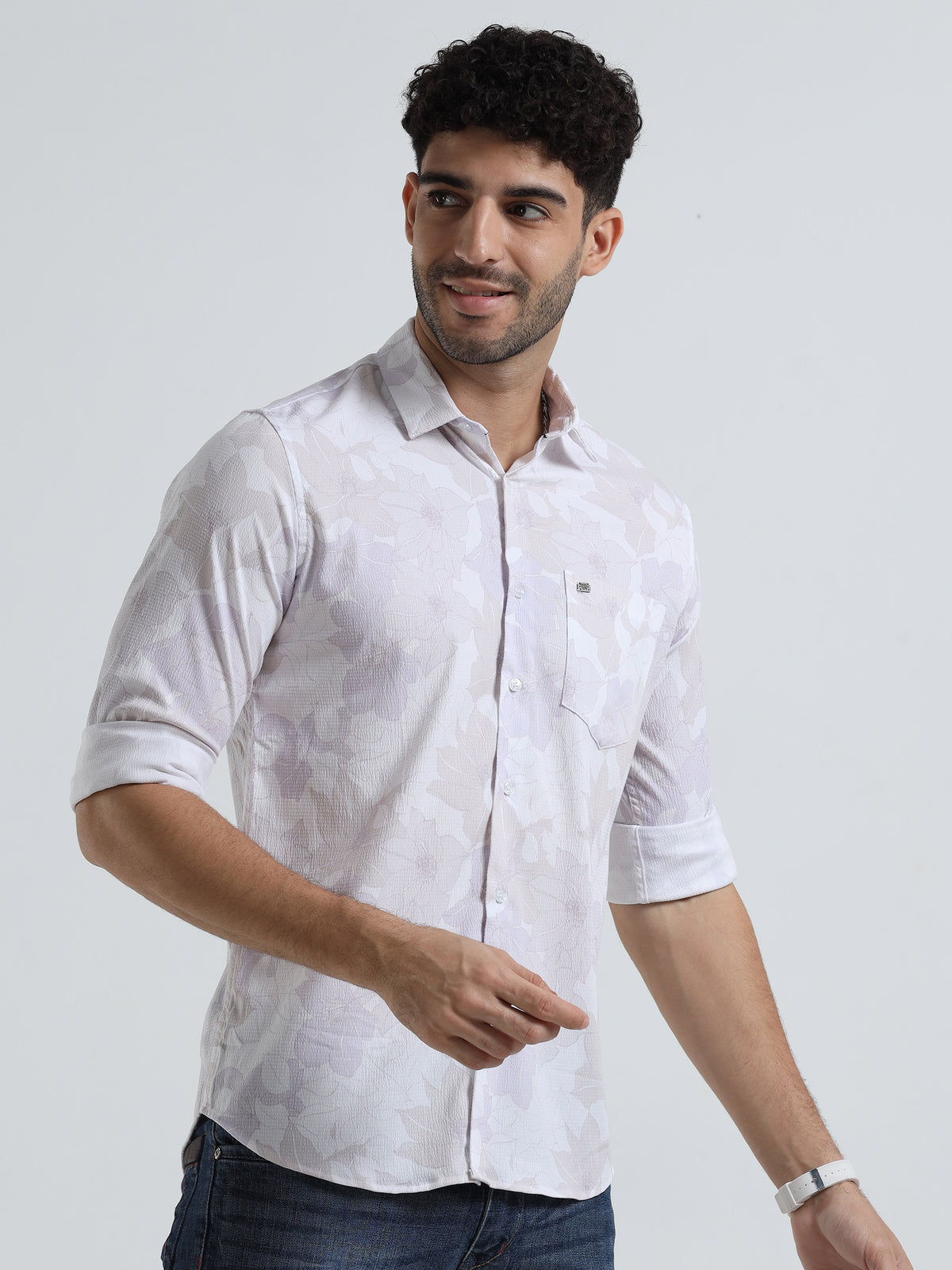 Men's Light Cream Slim Fit Printed Popcorn Full Sleeve Casual Shirt