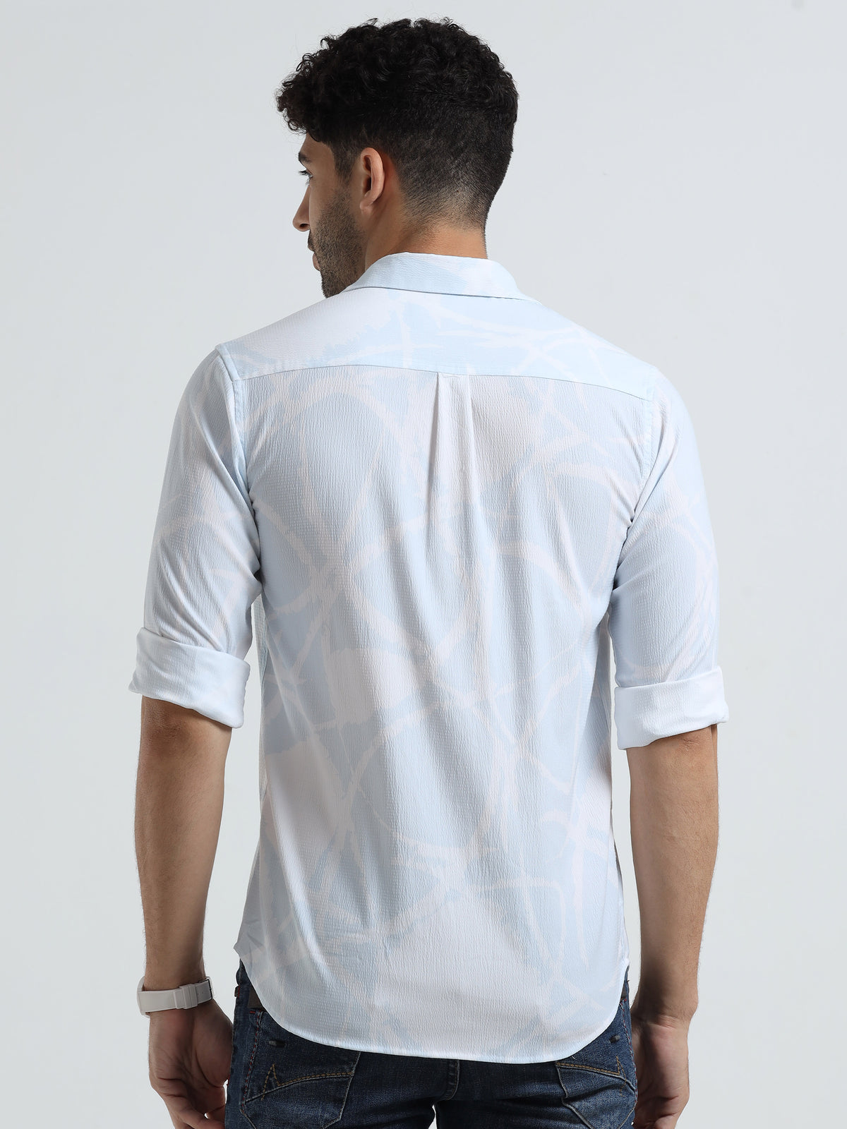 Men's Sky Blue Slim Fit Printed Popcorn Full Sleeve Casual Shirt