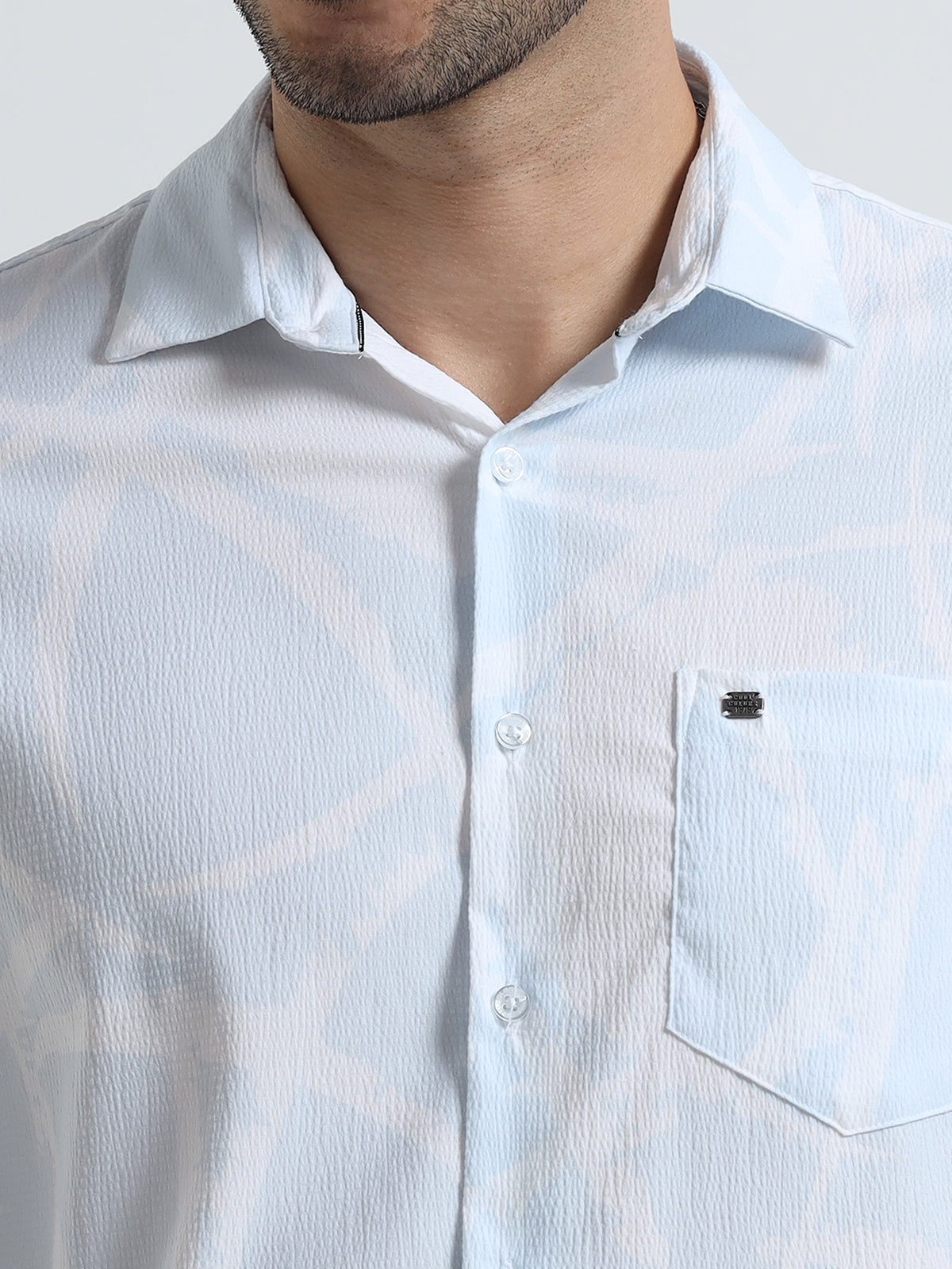 Men's Sky Blue Slim Fit Printed Popcorn Full Sleeve Casual Shirt