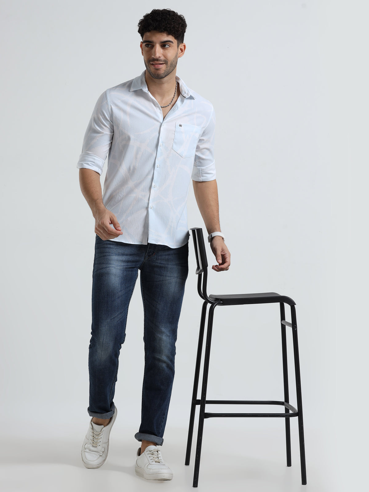 Men's Sky Blue Slim Fit Printed Popcorn Full Sleeve Casual Shirt