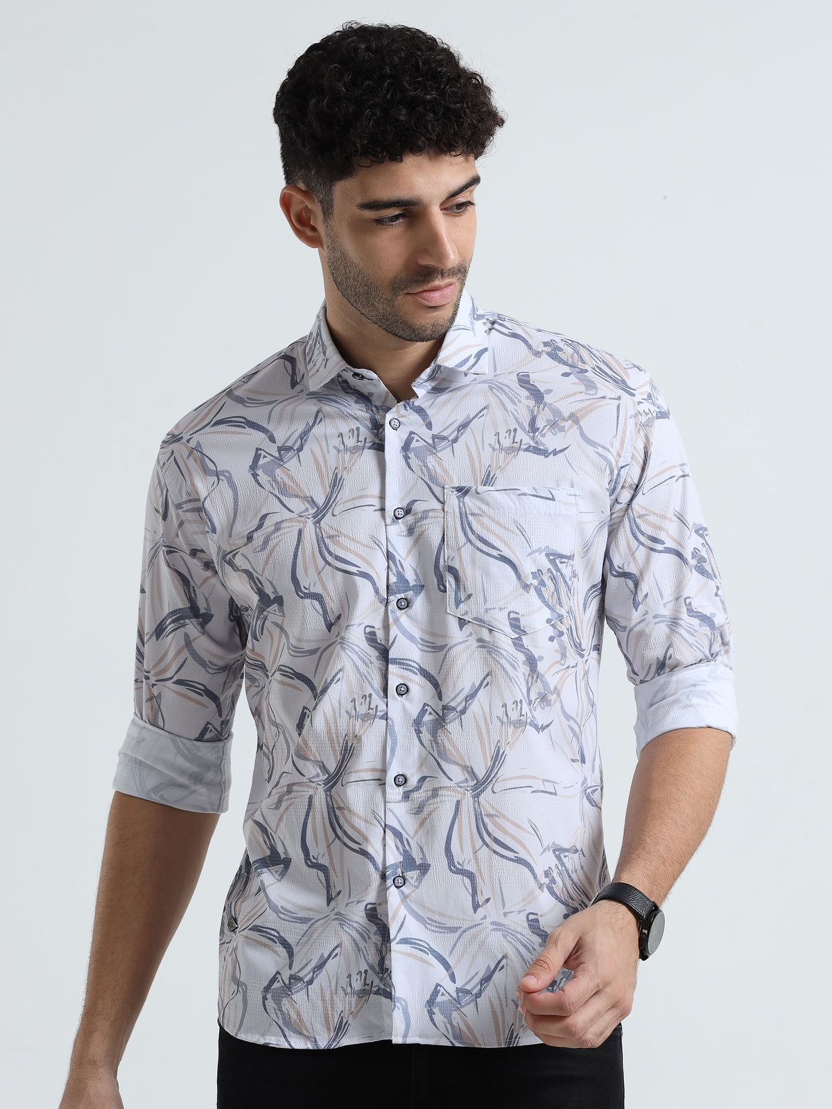 Shop Men's Cream Printed Full Sleeve Casual Slim Fit Shirt Online.