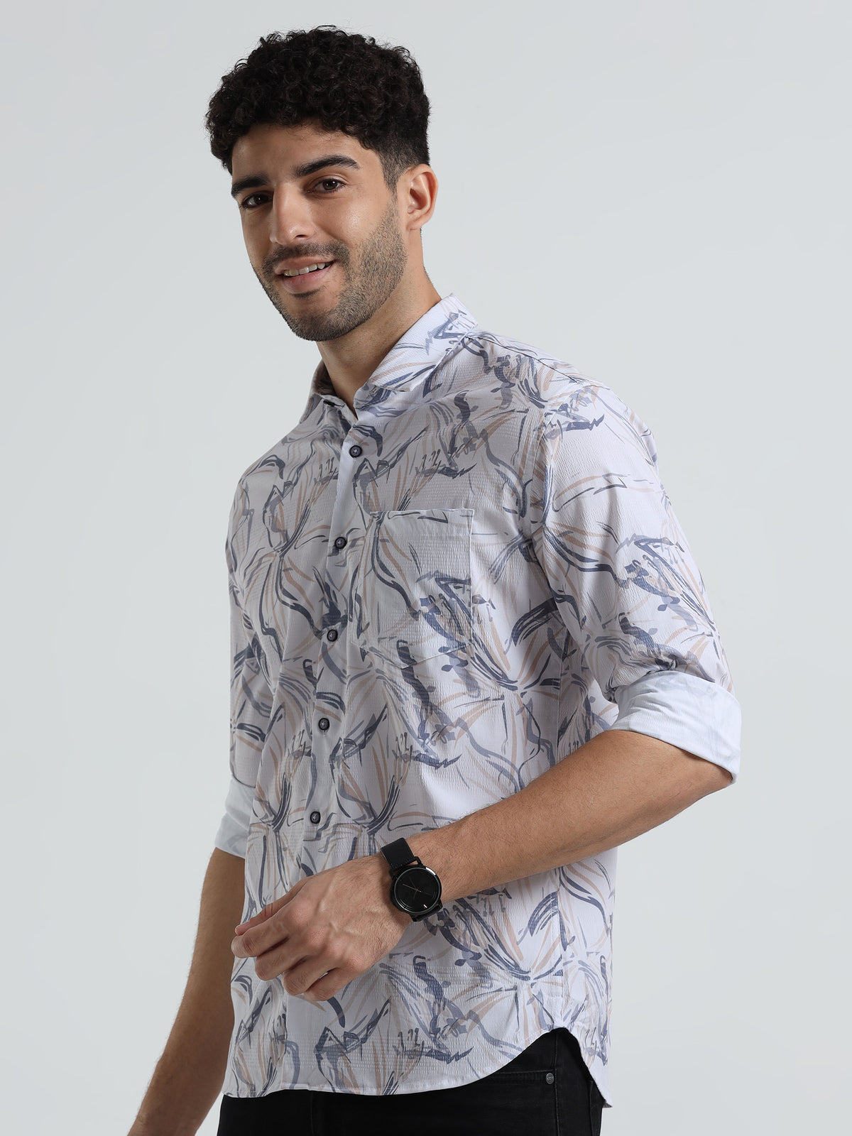 Men's Cream Light Orange Slim Fit Printed Popcorn Full Sleeve Casual Shirt
