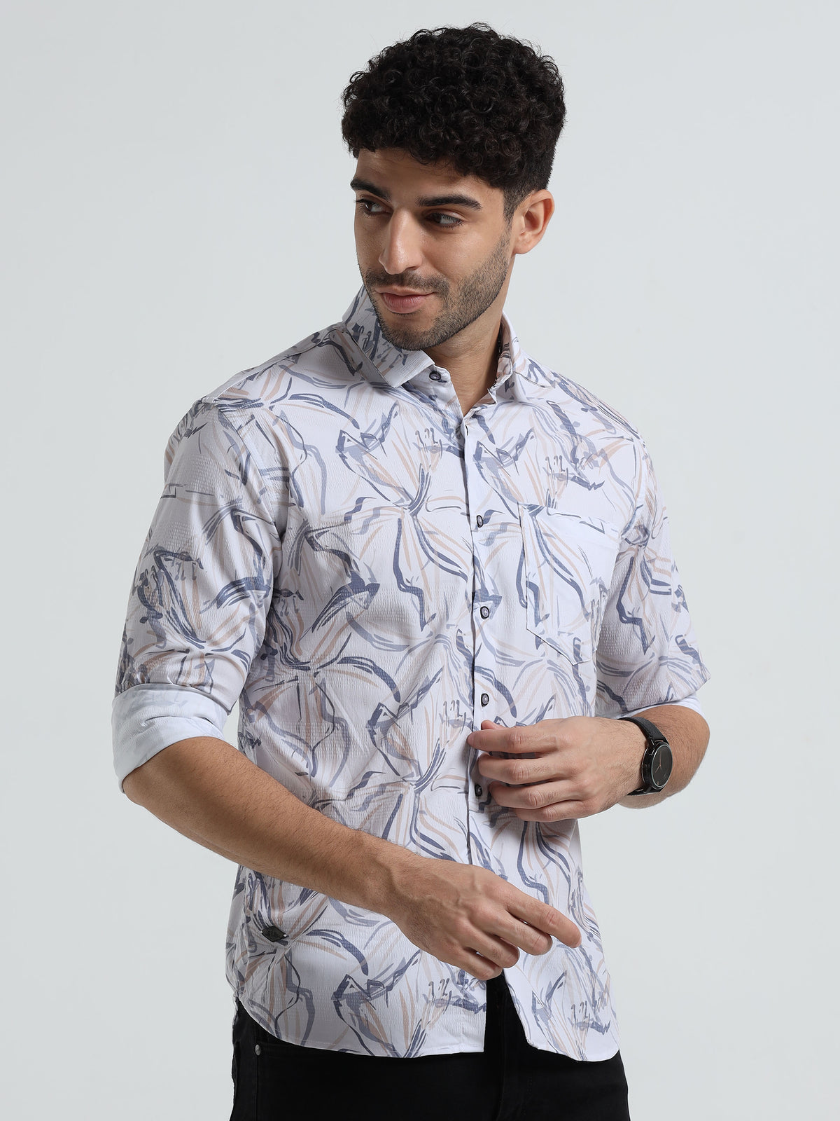 Men's Cream Light Orange Slim Fit Printed Popcorn Full Sleeve Casual Shirt