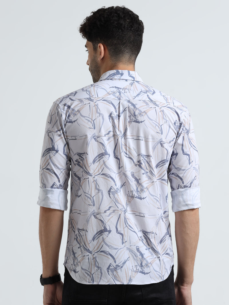 Shop Men's Cream Printed Full Sleeve Casual Slim Fit Shirt Online.