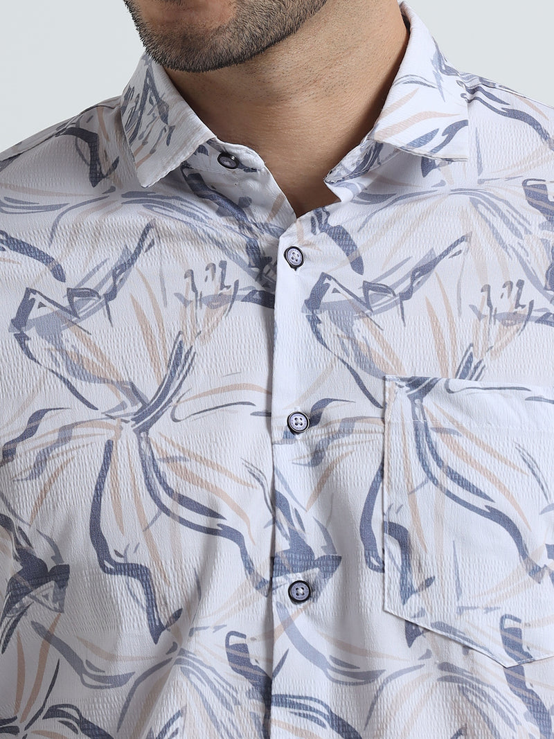 Shop Men's Cream Printed Full Sleeve Casual Slim Fit Shirt Online.