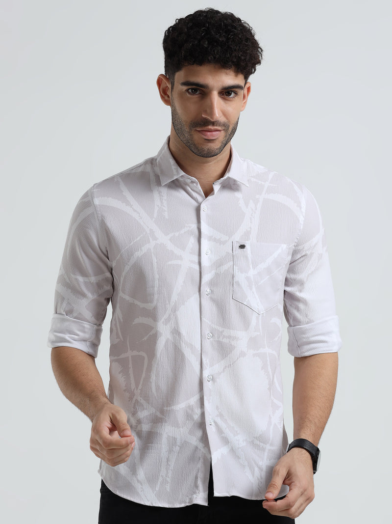 Shop Men's Cream Printed Casual Slim Fit Shirt Online.