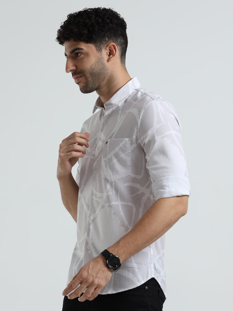 Shop Men's Cream Printed Casual Slim Fit Shirt Online.