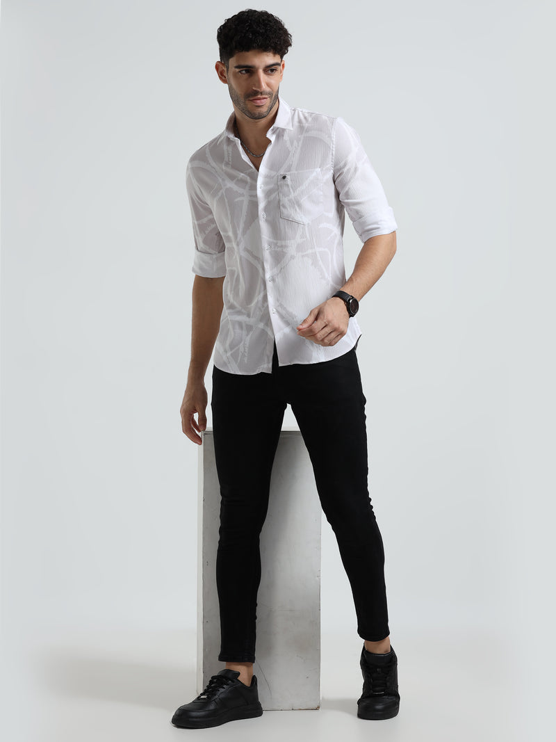 Shop Men's Cream Printed Casual Slim Fit Shirt Online.