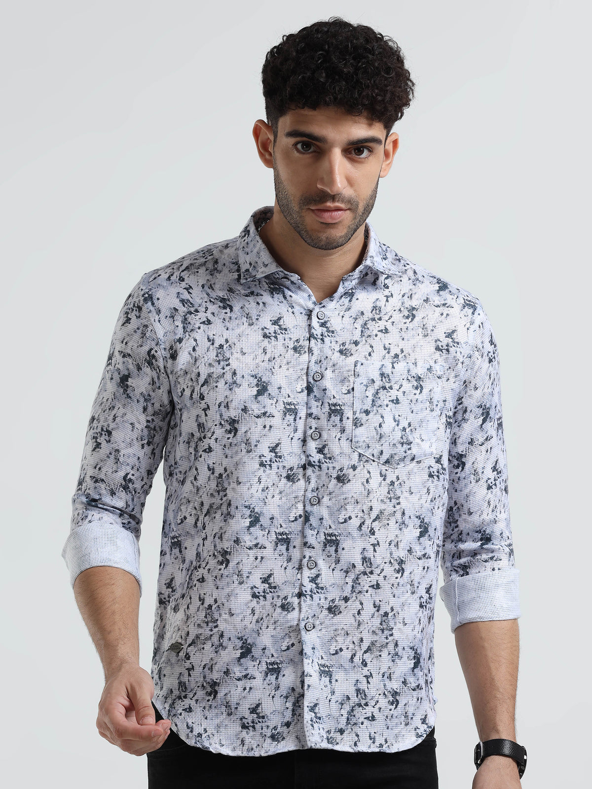 Men's White Green Slim Fit Printed Full Sleeve Casual Shirt