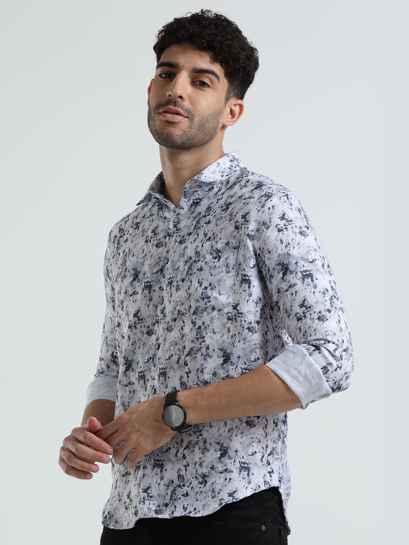 Shop Men's White Printed Full Sleeve Casual Slim Fit Shirt Online.