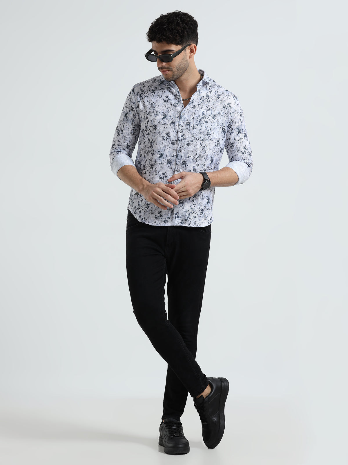 Men's White Green Slim Fit Printed Full Sleeve Casual Shirt